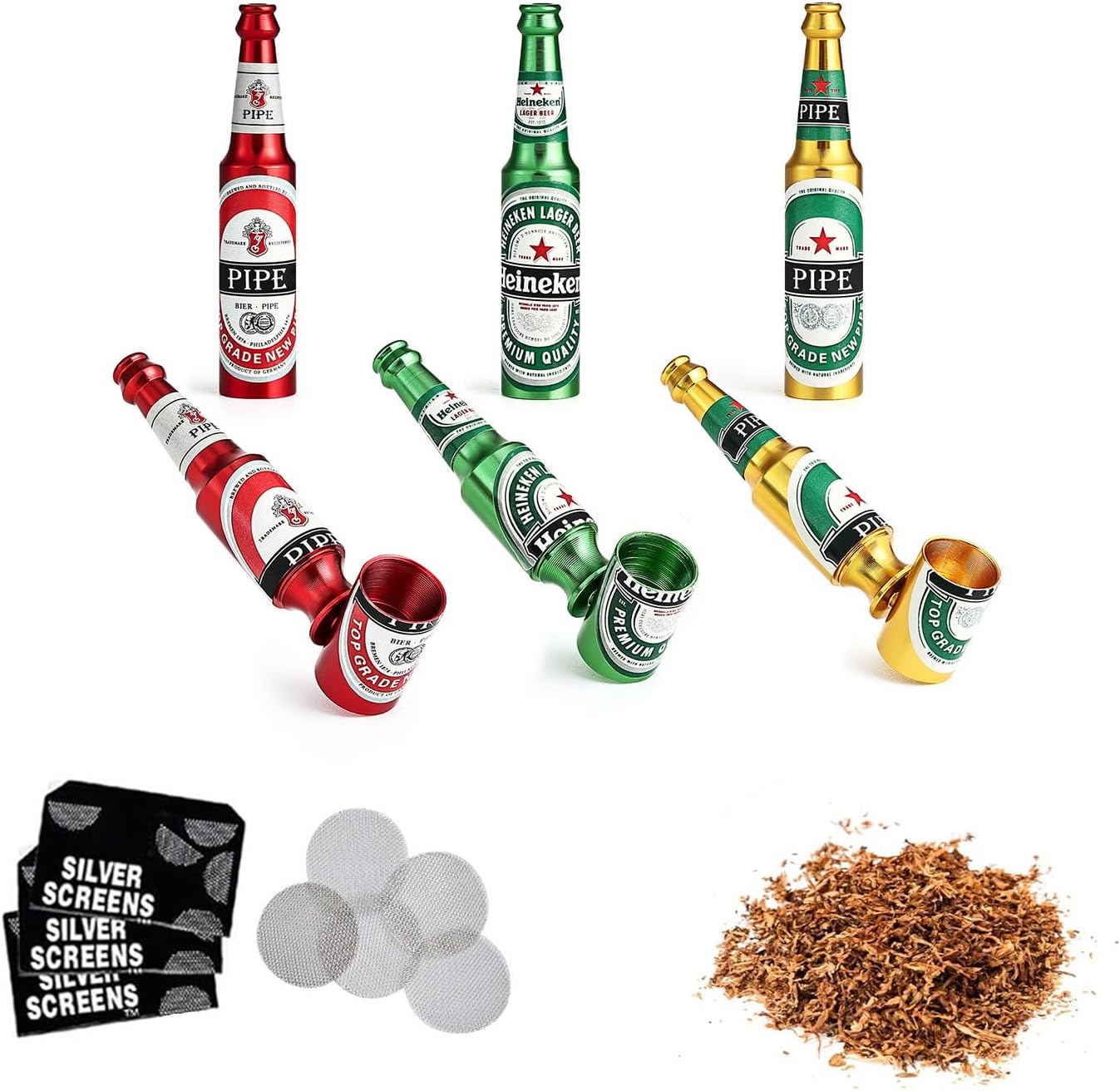 Joyoldelf Lot de 3 pipes à tabac en métal – Mini bouteille de bière design (rouge/doré/vert) – Léger et portable pour les débutants – Idée cadeau pour les collectionneurs