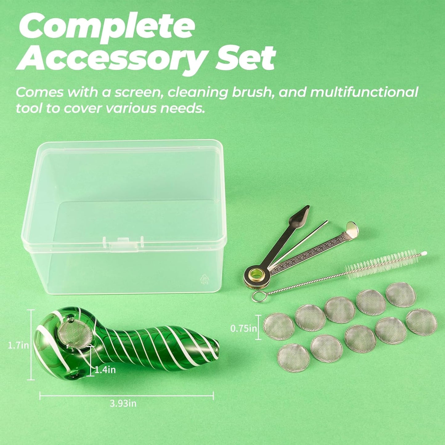 LIVBTS Pipe en verre fabriquée à la main, bol conique, résistant à la chaleur, inodore, avec 10 filtres, boîte de rangement, brosse de nettoyage et kit de nettoyage (vert rayé)