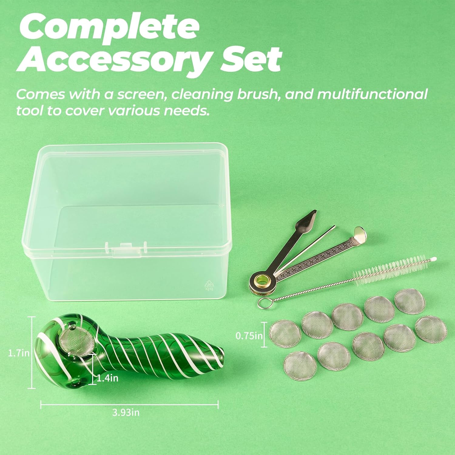 LIVBTS Pipe en verre fabriquée à la main, bol conique, résistant à la chaleur, inodore, avec 10 filtres, boîte de rangement, brosse de nettoyage et kit de nettoyage (vert rayé)