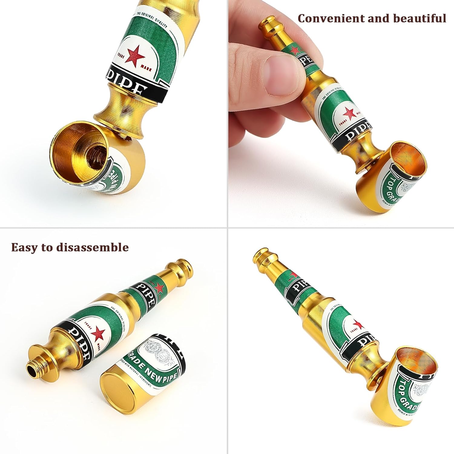 Joyoldelf Lot de 3 pipes à tabac en métal – Mini bouteille de bière design (rouge/doré/vert) – Léger et portable pour les débutants – Idée cadeau pour les collectionneurs