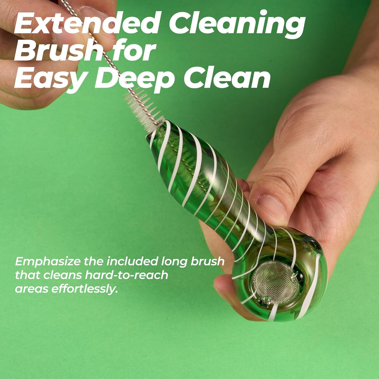 LIVBTS Pipe en verre fabriquée à la main, bol conique, résistant à la chaleur, inodore, avec 10 filtres, boîte de rangement, brosse de nettoyage et kit de nettoyage (vert rayé)