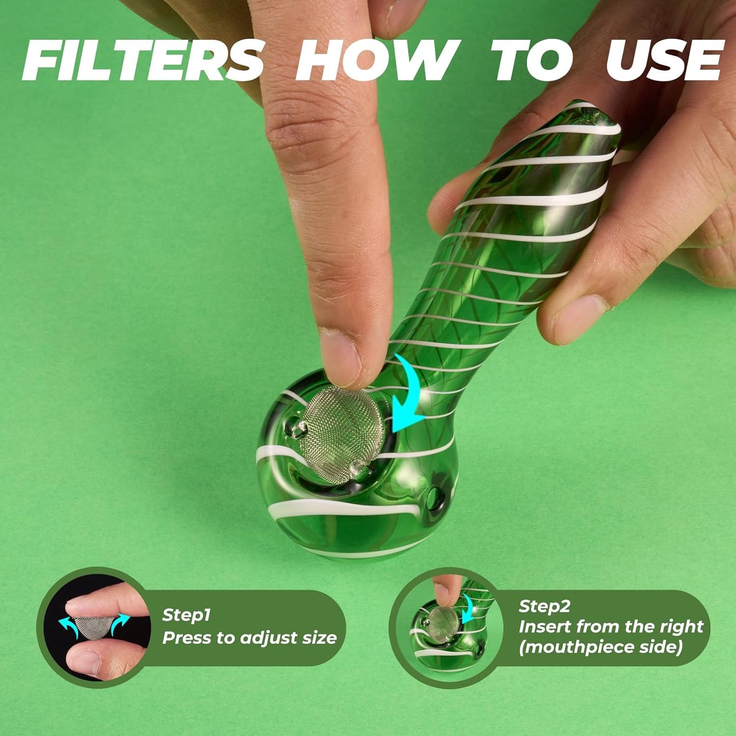 LIVBTS Pipe en verre fabriquée à la main, bol conique, résistant à la chaleur, inodore, avec 10 filtres, boîte de rangement, brosse de nettoyage et kit de nettoyage (vert rayé)