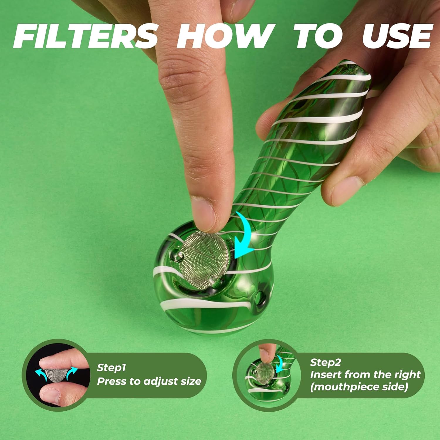 LIVBTS Pipe en verre fabriquée à la main, bol conique, résistant à la chaleur, inodore, avec 10 filtres, boîte de rangement, brosse de nettoyage et kit de nettoyage (vert rayé)