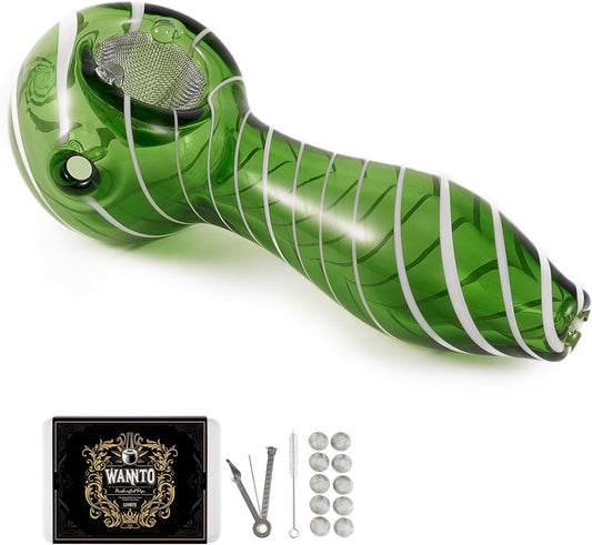 LIVBTS Pipe en verre fabriquée à la main, bol conique, résistant à la chaleur, inodore, avec 10 filtres, boîte de rangement, brosse de nettoyage et kit de nettoyage (vert rayé)
