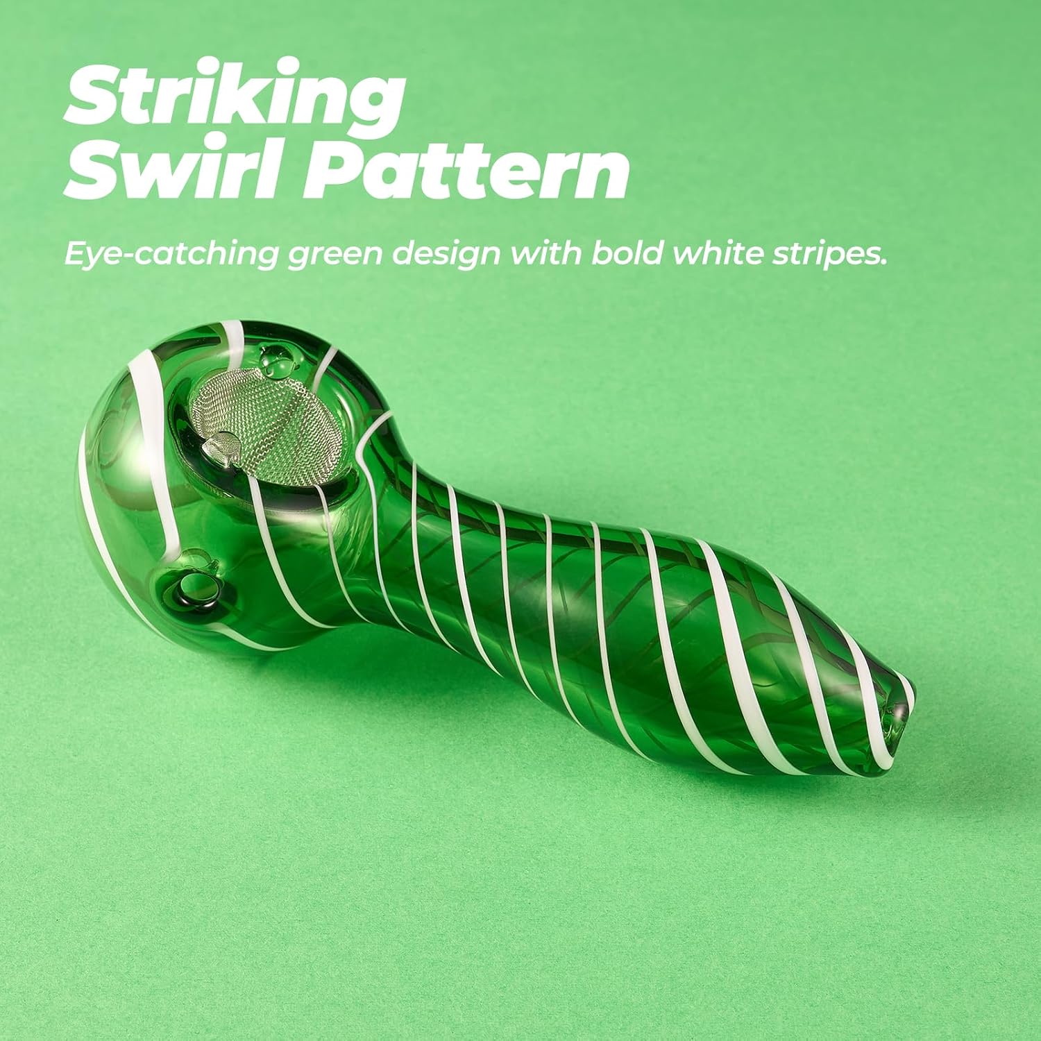 LIVBTS Pipe en verre fabriquée à la main, bol conique, résistant à la chaleur, inodore, avec 10 filtres, boîte de rangement, brosse de nettoyage et kit de nettoyage (vert rayé)