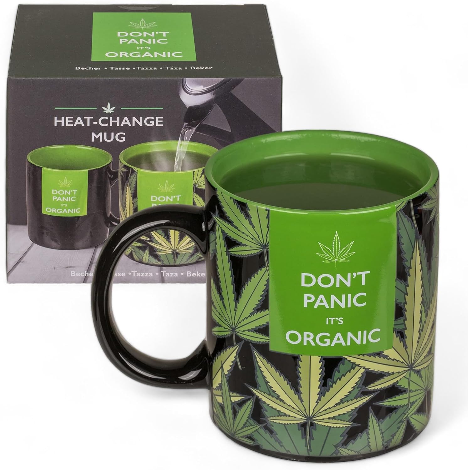 MIK funshopping Tasse à café Tasse à thé Motif cannabis sensible à la chaleur Tasse en chanvre Don't Panic it's Organic Tasse en céramique réagit à la chaleur 350 ml Noir/vert