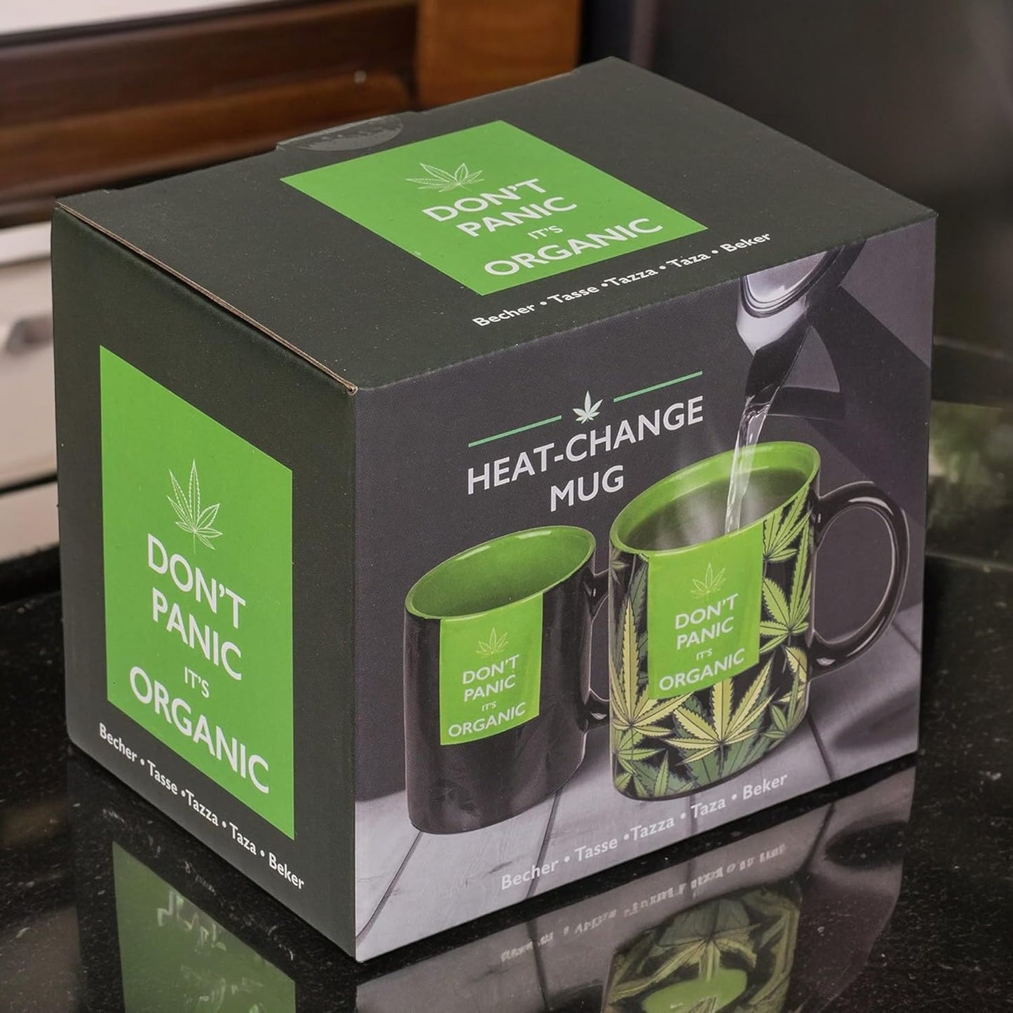 MIK funshopping Tasse à café Tasse à thé Motif cannabis sensible à la chaleur Tasse en chanvre Don't Panic it's Organic Tasse en céramique réagit à la chaleur 350 ml Noir/vert