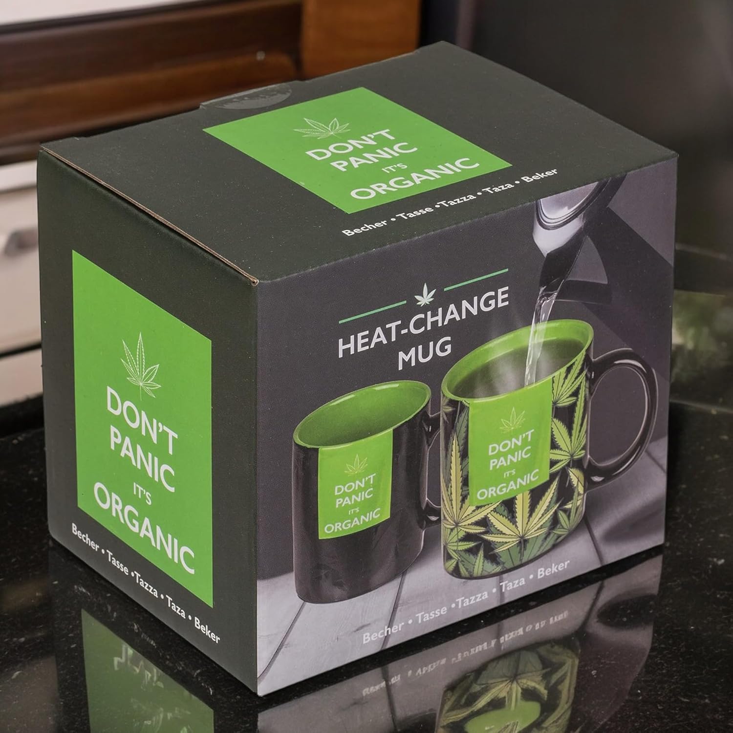 MIK funshopping Tasse à café Tasse à thé Motif cannabis sensible à la chaleur Tasse en chanvre Don't Panic it's Organic Tasse en céramique réagit à la chaleur 350 ml Noir/vert