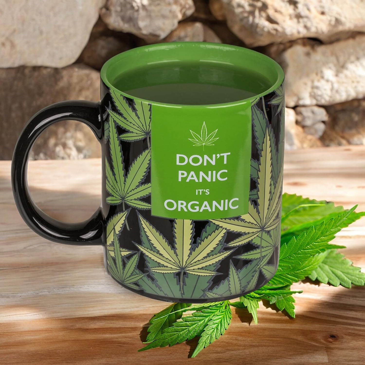 MIK funshopping Tasse à café Tasse à thé Motif cannabis sensible à la chaleur Tasse en chanvre Don't Panic it's Organic Tasse en céramique réagit à la chaleur 350 ml Noir/vert