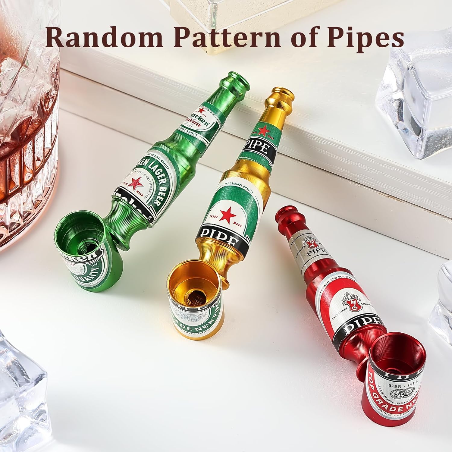 Joyoldelf Lot de 3 pipes à tabac en métal – Mini bouteille de bière design (rouge/doré/vert) – Léger et portable pour les débutants – Idée cadeau pour les collectionneurs