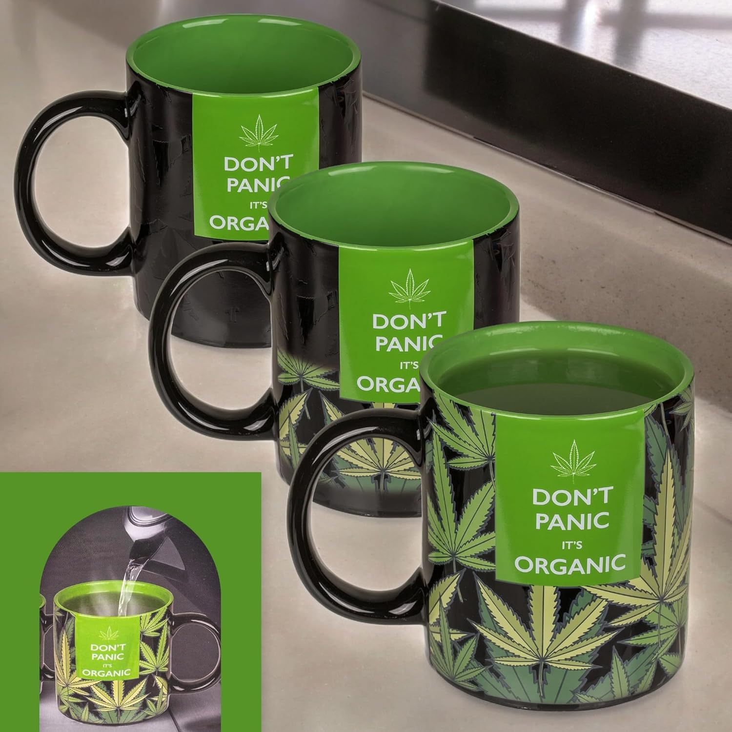 MIK funshopping Tasse à café Tasse à thé Motif cannabis sensible à la chaleur Tasse en chanvre Don't Panic it's Organic Tasse en céramique réagit à la chaleur 350 ml Noir/vert
